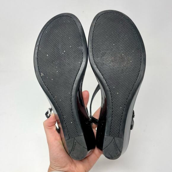 Prada Thong Wedge Sandals Triangle Logo Leather T-Strap Slingback Black EU 37.5 - Picture 10 of 13